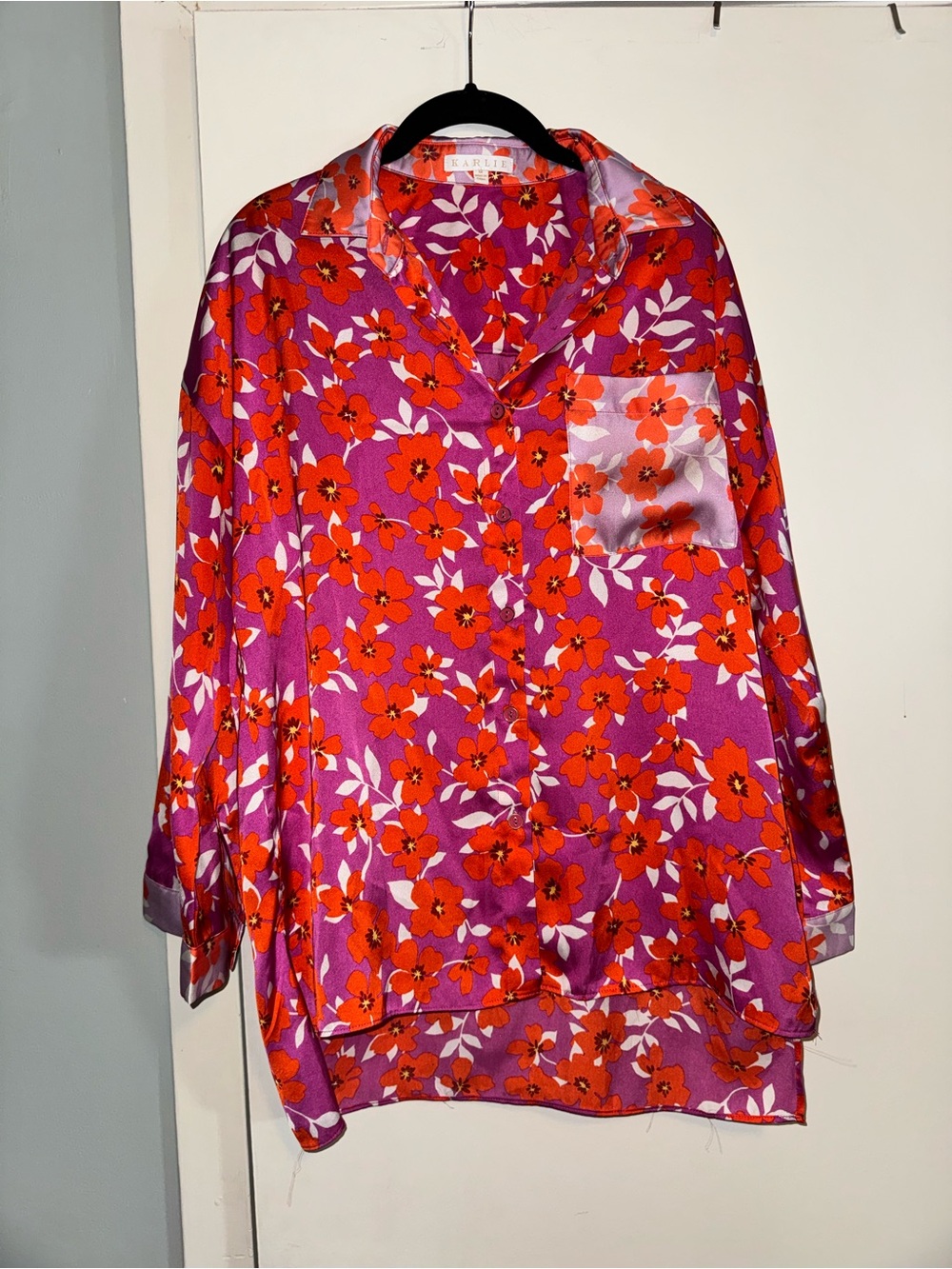 Karlie Pink Purple Floral Satin Button-Down Shirt